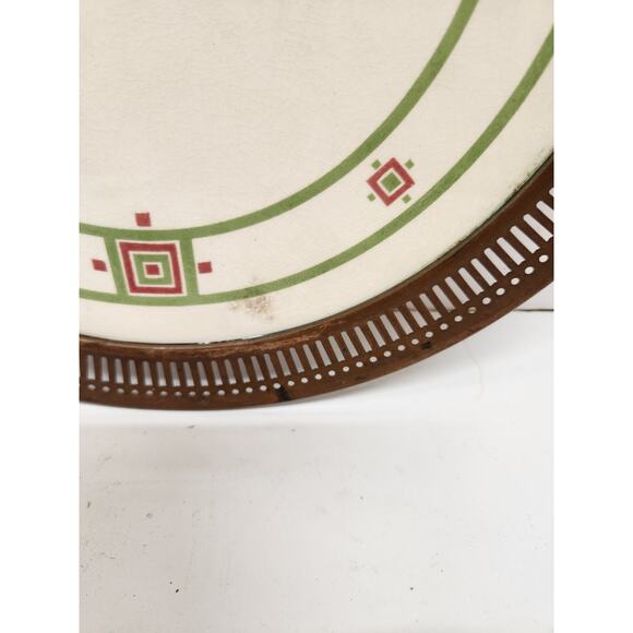 Antique German Secessionist Platter Rimmed Round Porcelain Tray Copper Trim Deco - Picture 2 of 3